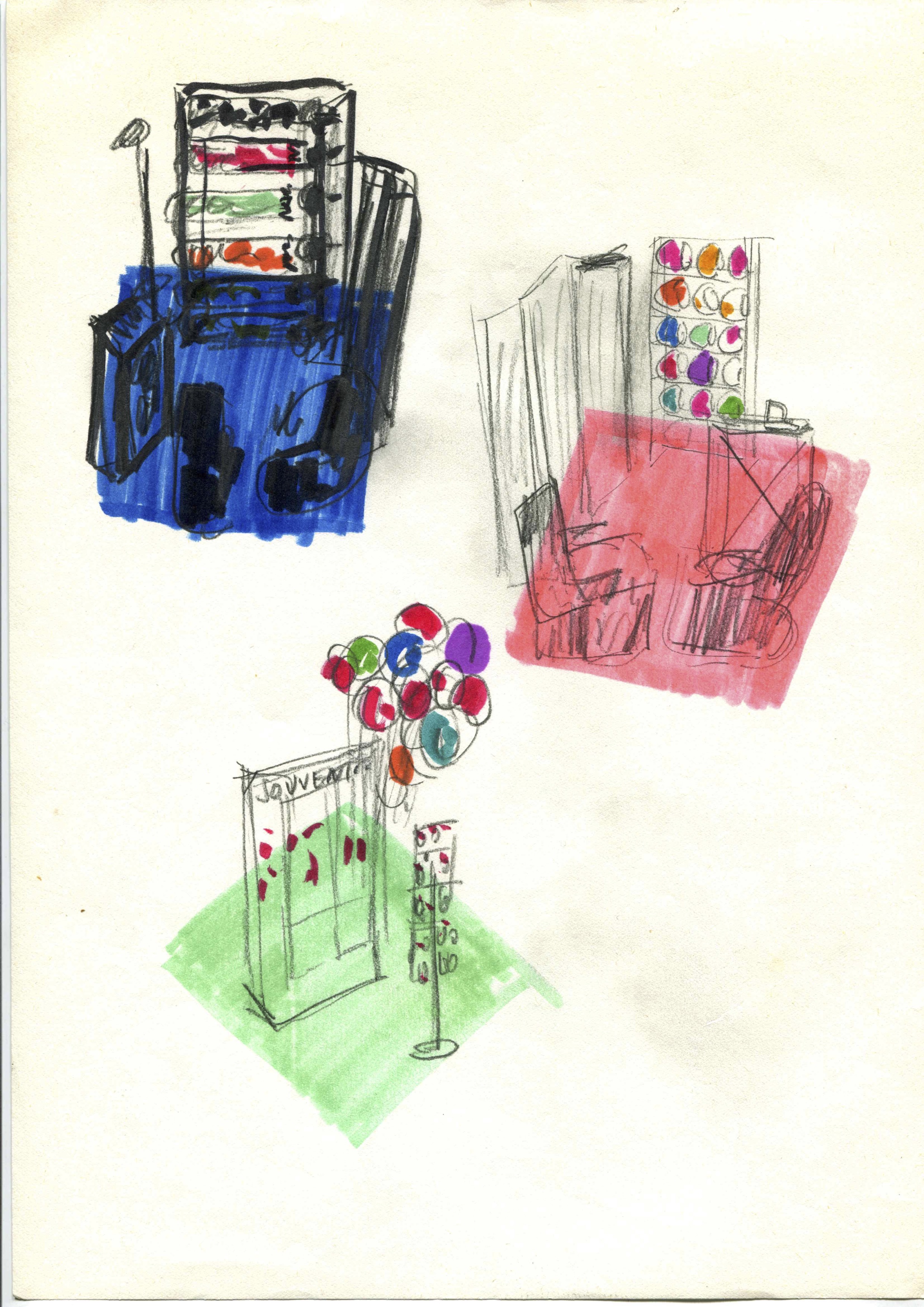 Marion Baruch/NAME DIFFUSION, sketch of different setup stand NAME DIFFUSION, undated