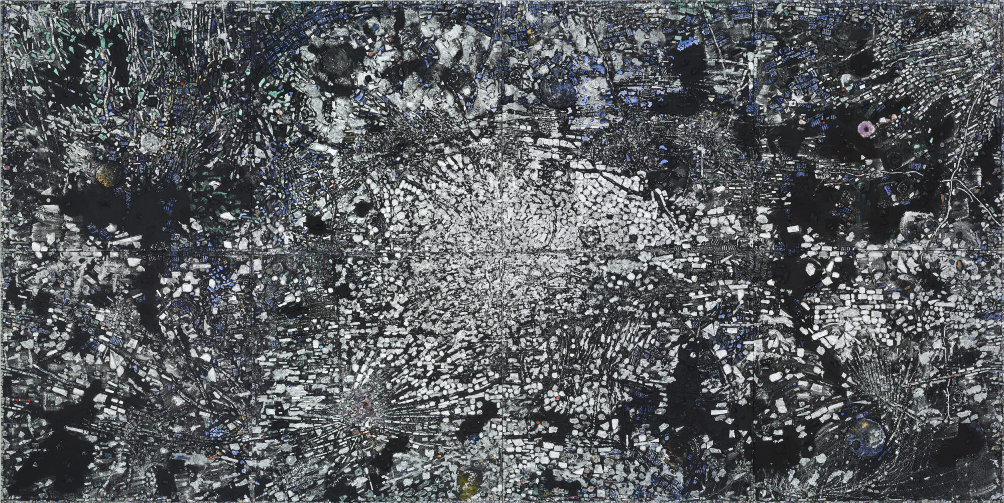 Jack Whitten. Atopolis: Per Édouard Glissant. 2014. Acrilico su tela, 8 pannelli, complessivamente 124 1/2 × 248 1/2″ (316,2 × 631,2 cm). Museo d'Arte Moderna, New York. Acquisito grazie alla generosità di Sid R. Bass, Lonti Ebers, Agnes Gund, Henry e Mar
