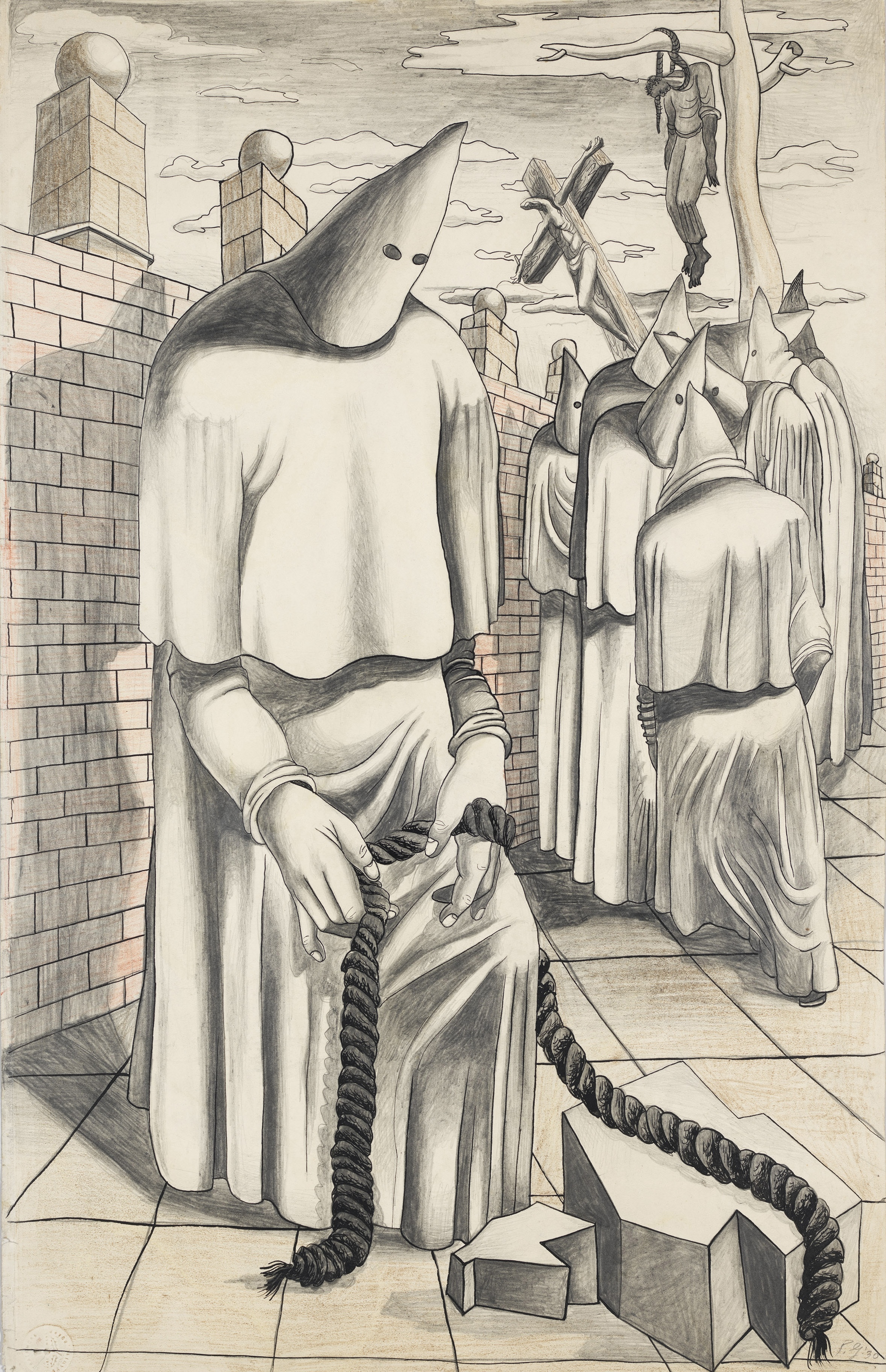 Philip Guston, Drawing for Conspirators, 1930, graphite pencil, ink, coloured pencil and wax crayon on paper, 22 5/8 × 14 5/8 inches (57 5 x 37 1 cm). on paper, 22 5/8 × 14 5/8 inches (57.5 x 37.1 cm). Whitney Museum of American Art, New York