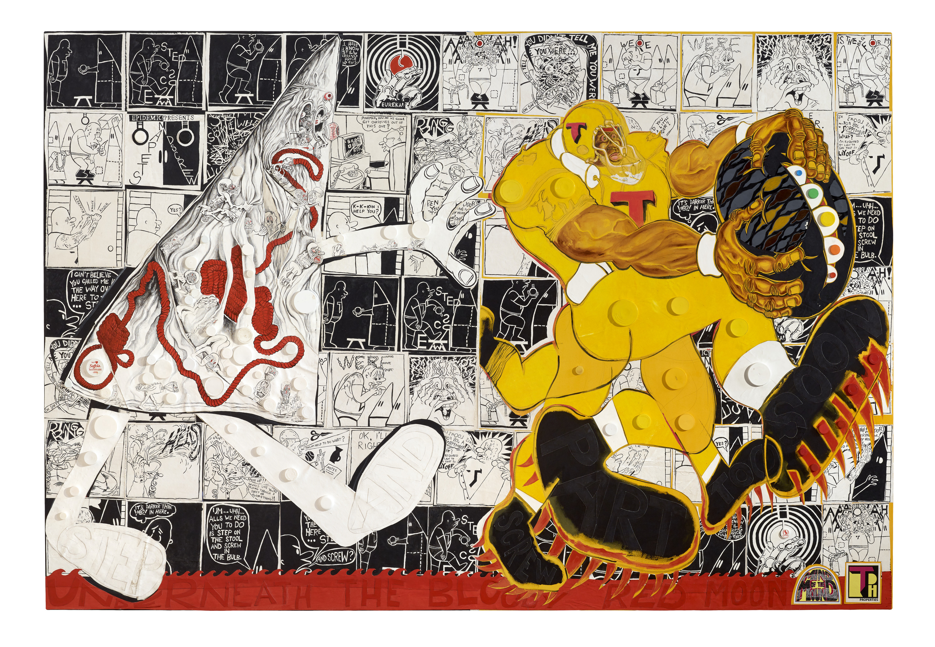 Trenton Doyle Hancock, Step and Screw Part Too Soon Underneath the Bloody Red Moon, 2018, acrylic and mixed media on canvas, 90 x 132 x 5 in. (228.6 x 335.3 x 12.7 cm). Collection of Mandy and Cliff Einstein, Los Angeles. Photo: Shulamit Nazarian